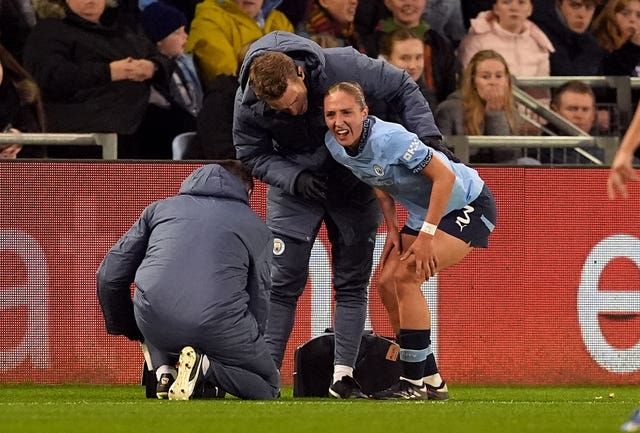 Naomi Layzell receives treatment for an injury sustained during Manchester City''s Champions League win over Barcelona