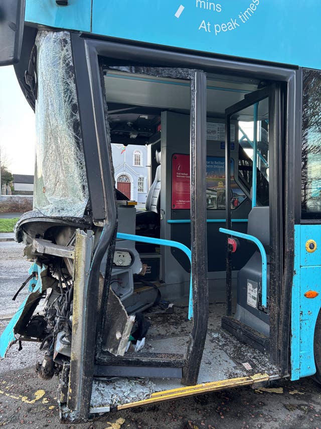 The wreckage of an airport bus which crashed on the Ballyrobin Road close to Belfast International Airport