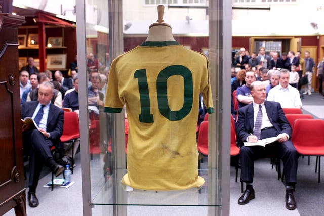 The shirt worn by Pele in Brazil's 1970 World Cup final win over Italy smashed the world record for a football shirt when it brought £157,750 at auction in March 2002 at Christie's in South Kensington. The previous record was £91,750, for Sir Geoff Hurst's shirt worn in the 1966 World Cup final against West Germany