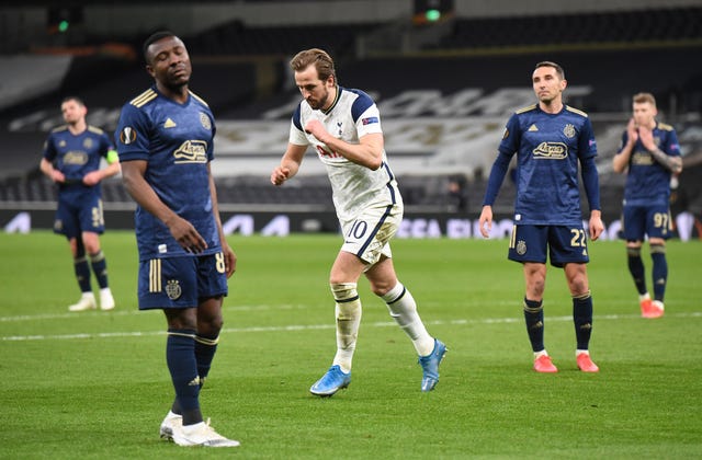 Tottenham forward Harry Kane celebrates scoring against Dinamo Zagreb