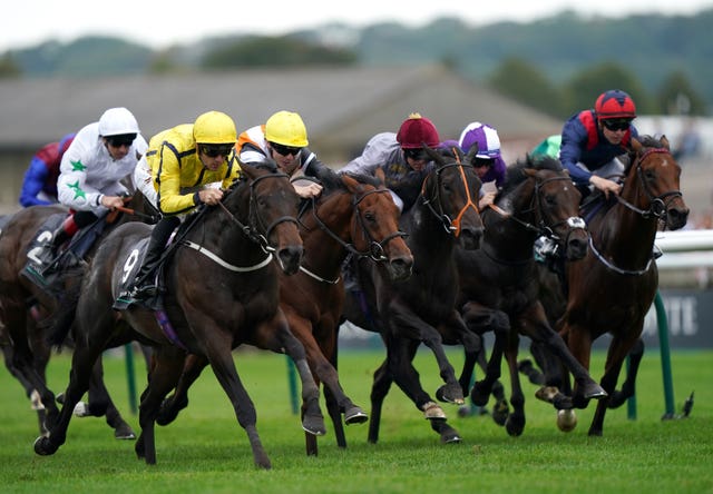Perfect Power (left) on his way to victory in the Middle Park