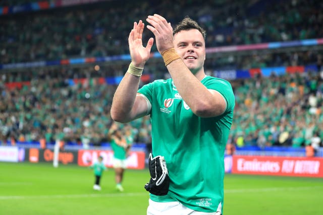 Ireland lock James Ryan applauds fans following victory over South Africa at last year's World Cup
