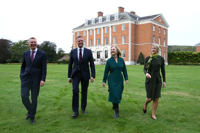 Liz Truss strolls through the grounds  of Chevening with the foreign ministers of the three Baltic states