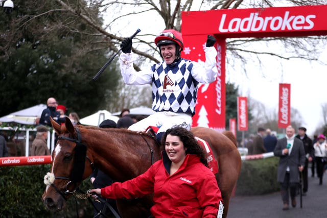 Jockey Paul Townend celebrates at Kempton 