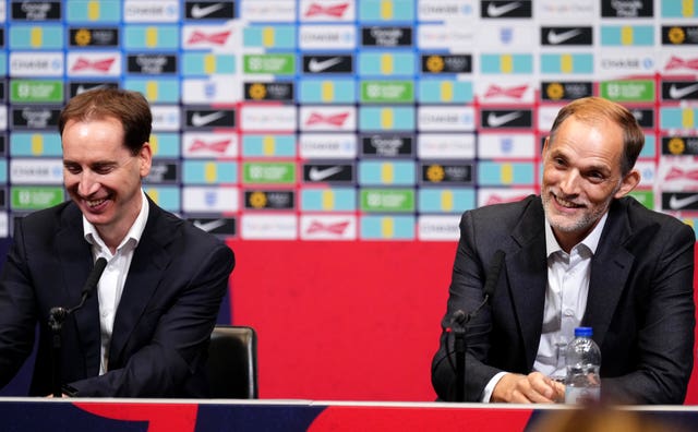 Newly appointed England head coach Thomas Tuchel with FA chief executive Mark Bullingham at a press conference