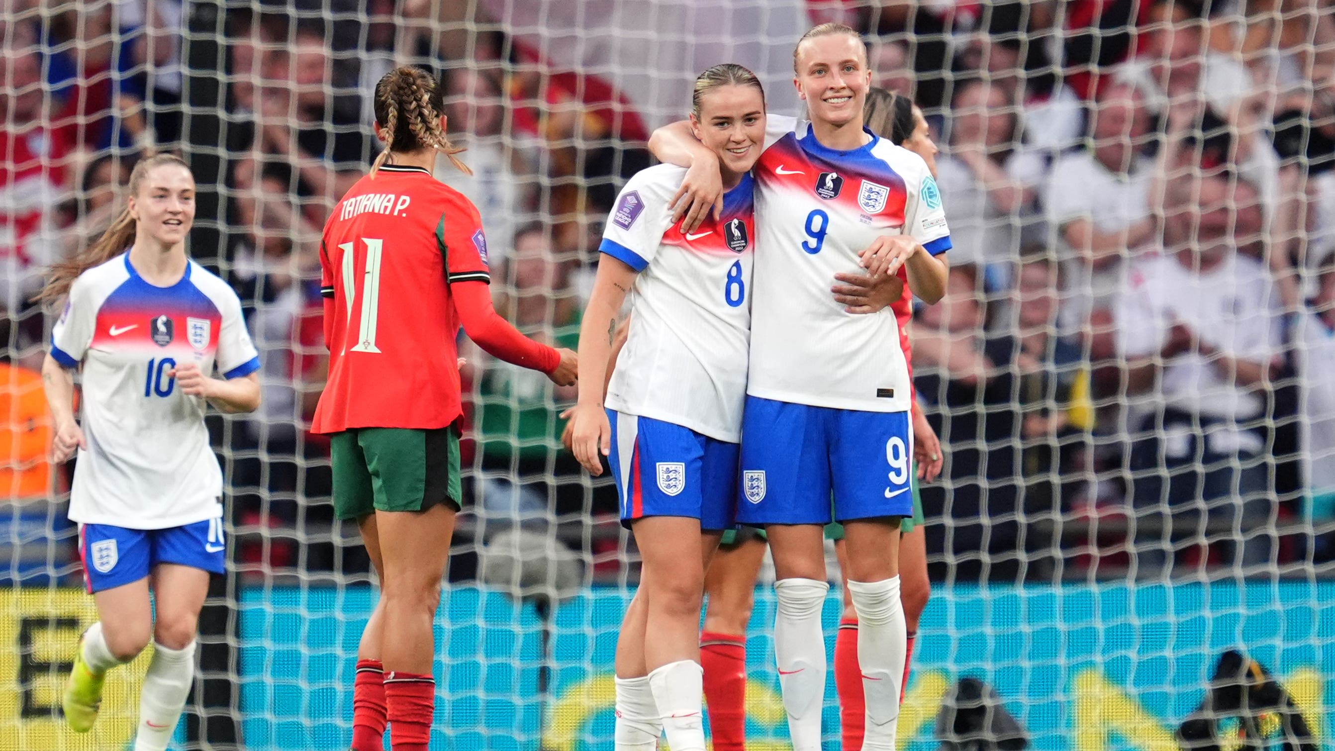 England’s Aggie Beever-Jones (right) celebrates with Grace Clinton after completing her hat-trick (Adam Davy/PA)