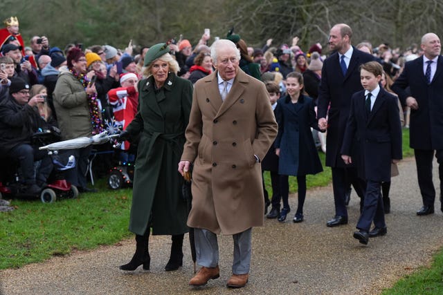 The King and Queen attend the Christmas Day service in Sandringham with the Princess of Wales, Prince Louis, Princess Charlotte, the Prince of Wales and Prince George walking behind them