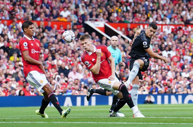 Arsenal’s Granit Xhaka, right, shoots at goal against Manchester United