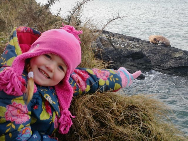 Five-year-old Muireann Houlihan with the walrus she spotted along the coast of Valentia Island, Co Kerry, believed to have drifted over to Ireland from the Arctic