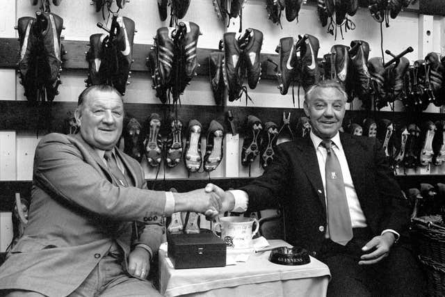 Liverpool manager Bob Paisley (left) hands over the reins to his successor Joe Fagan