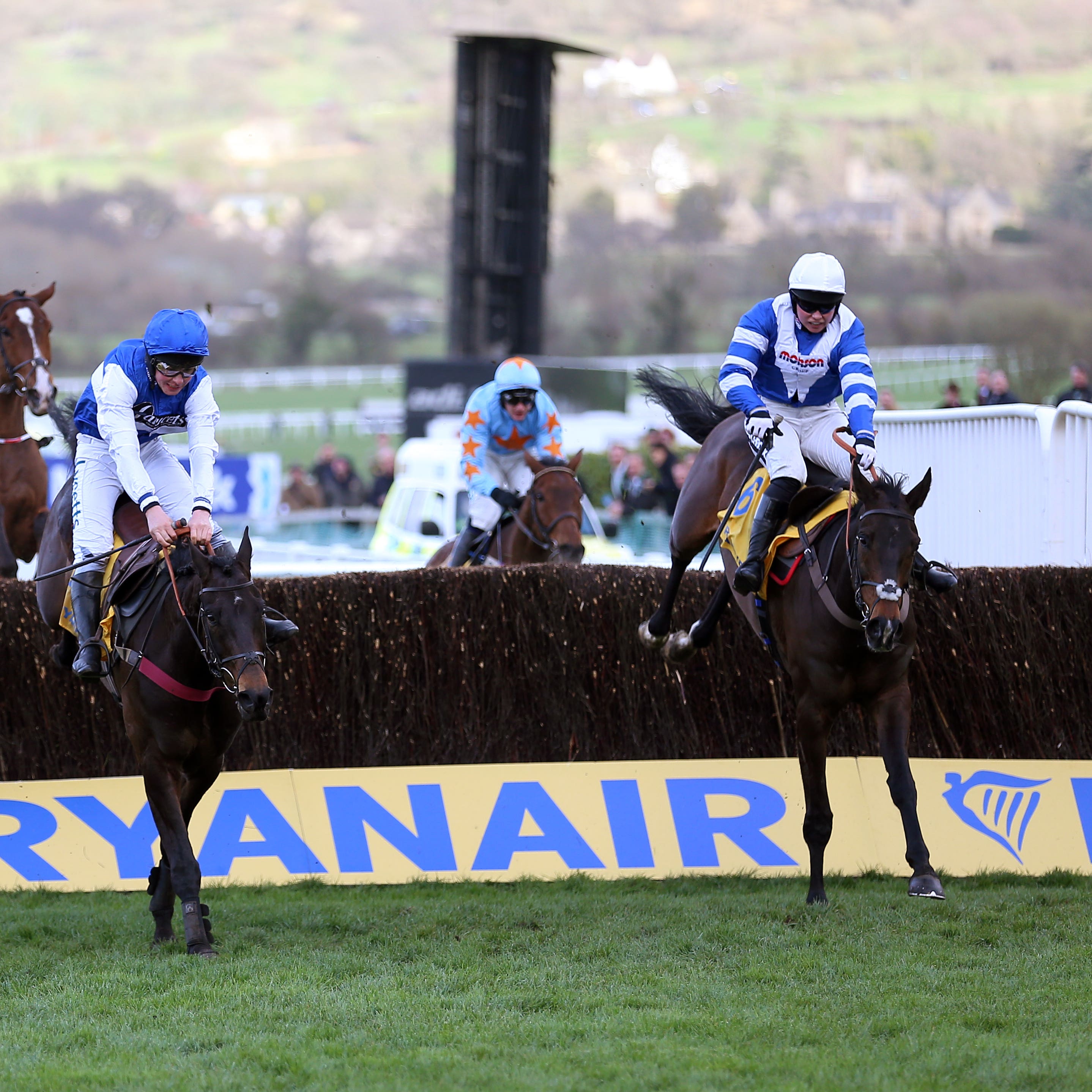 Frodon (right) on his way to a thrilling triumph in the Ryanair Chase under Bryony Frost