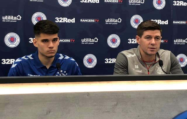 Ianis Hagi and manager Steven Gerrard during a press conference in Glasgow