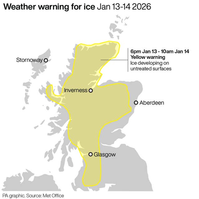 A PA graphic showing a weather warning for ice on January 13 and 14