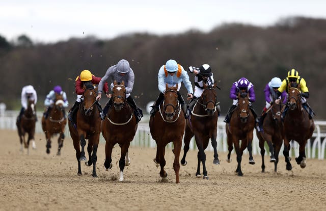 Dear My Friend ridden by James Doyle (centre) wins the talkSPORT Burradon Stakes at Newcastle Racecourse 