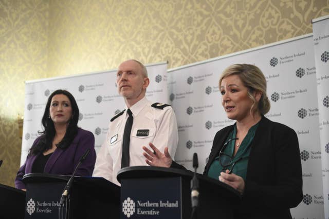 Deputy First Minister for Northern Ireland Emma Little-Pengelly with PSNI ACC Davy Beck and First Minister Michelle O’Neill