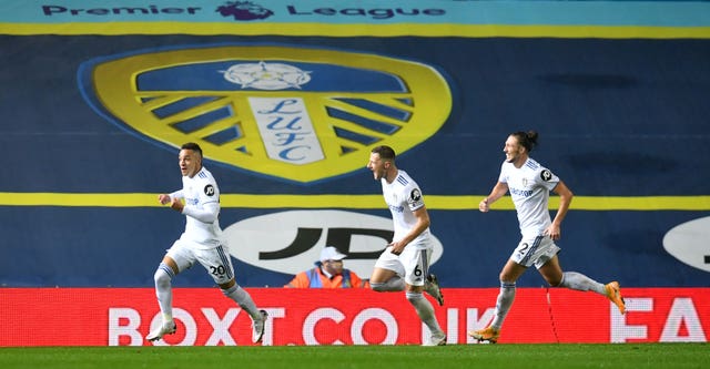 Rodrigo celebrates Leeds' equaliser against Manchester City