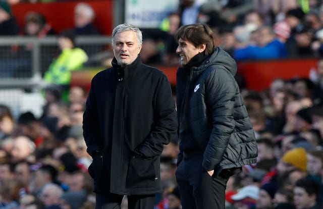 Mourinho with his Chelsea replacement, Antonio Conte, who led the club to Premier League victory in the 2016/17 season. United finished sixth