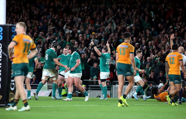 Ireland’s Gus McCarthy and team-mates celebrate against Australia