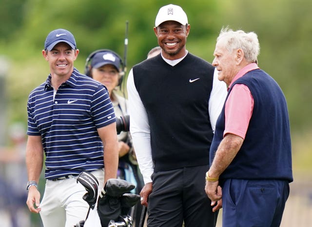 Rory McIlroy, Tiger Woods and Jack Nicklaus share a joke