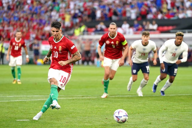 Dominik Szoboszlai (left) scored from the penalty spot