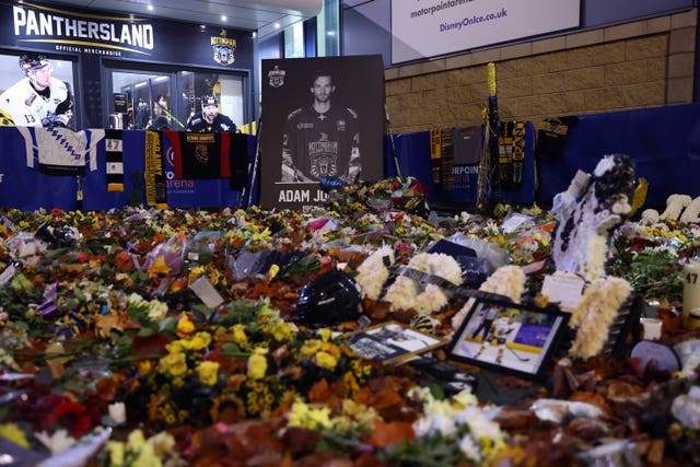 A general view of tributes to Nottingham Panthers’ Adam Johnson at the Motorpoint Arena, Nottingham.