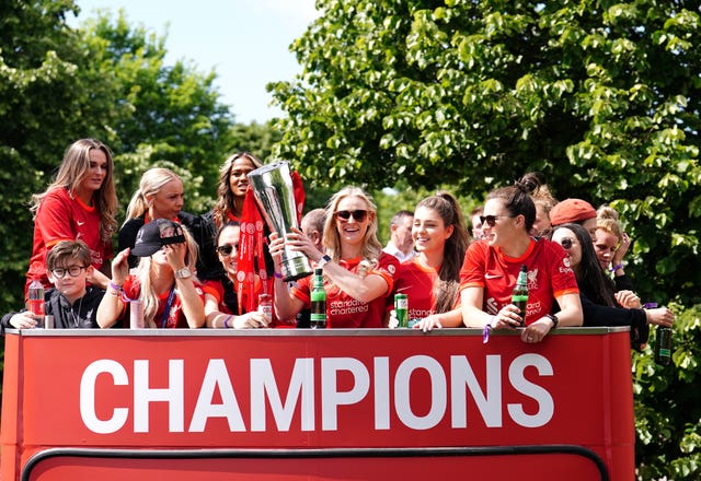 Liverpool Women celebrate with the FA Women’s Championship trophy on the parade