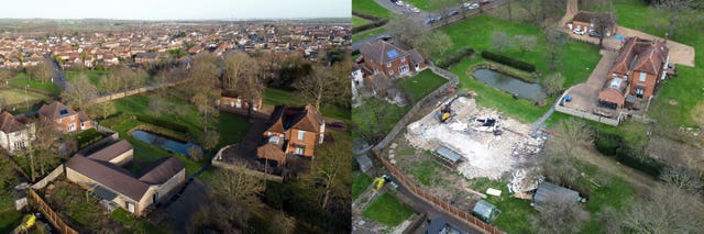 A composite image of the before and after demolition of an unauthorised spa pool block at the home of Hannah Ingram-Moore, the daughter of the late Captain Sir Tom Moore, at Marston Moretaine, Bedfordshire