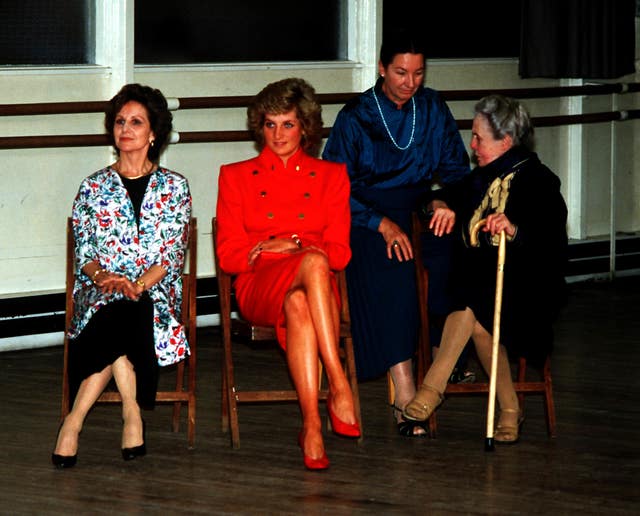 ROYAL BALLET 1987: The Princess of Wales (2nd L) visiting the Royal Ballet School, London, where she chatted with young dancers. She watches a class with Dame Merle Park (l), Director, Barbara Fewster (blue), Associate Director, and Dame Ninette de Valois (founder of the school).