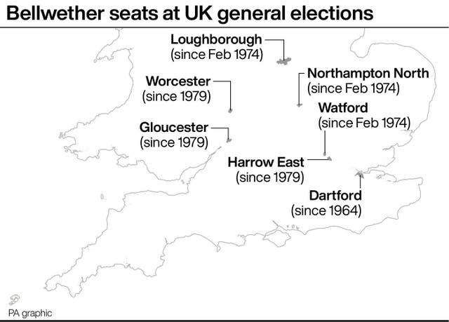 A map showing bellwether seats at UK general elections