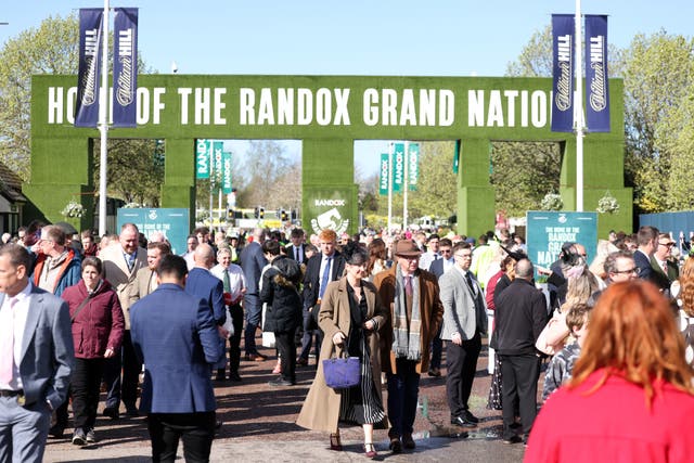 Racegoers arrive on day three of the Randox Grand National Festival 2026 at Aintree Racecourse