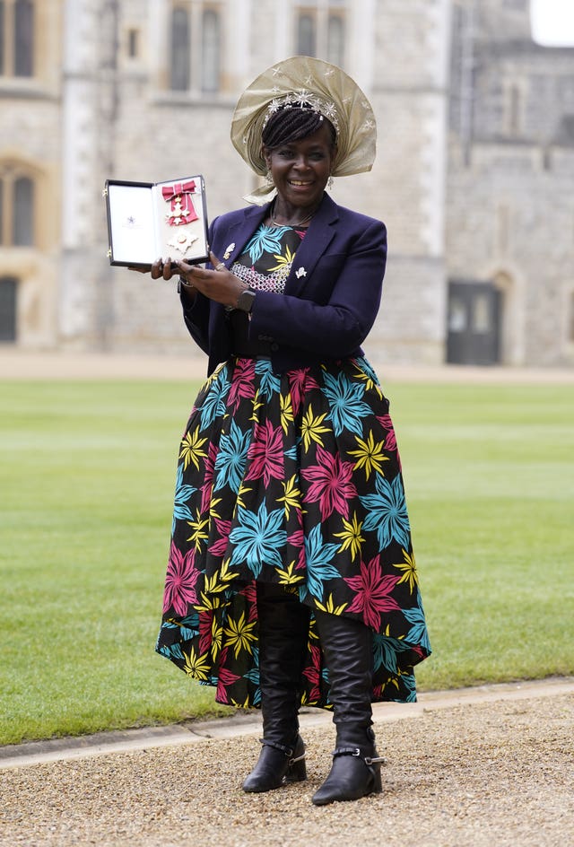 Dame Margaret Aderin-Pocock after being made a Dame Commander of the British Empire during an investiture ceremony at Windsor Castle, Berkshire