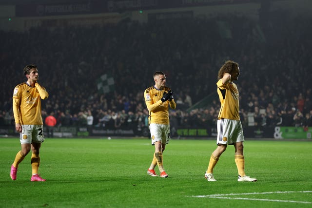 Leicester’s Jamie Vardy (centre) and his team-mates leave the pitch after a damaging 1-0 defeat at Plymouth
