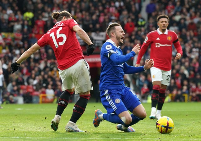 Manchester United’s Marcel Sabitzer fouls Leicester’s James Maddison
