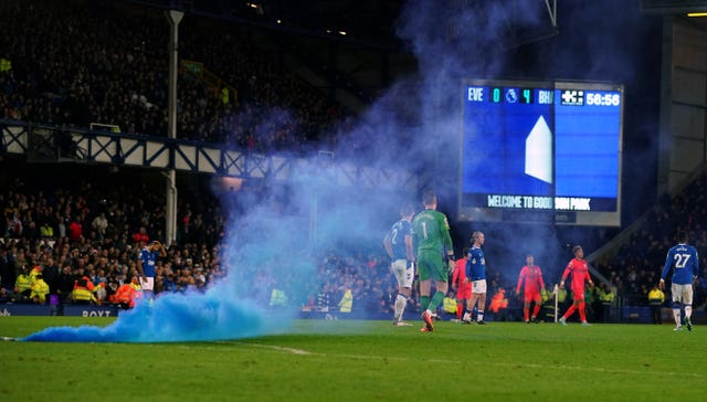 A flare on the pitch at Goodison Park