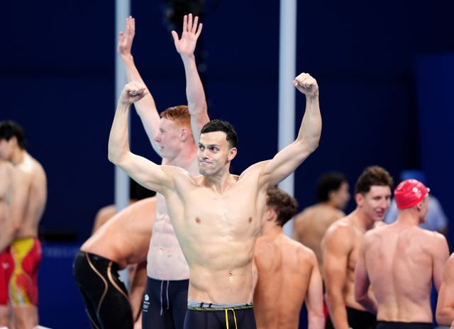 Team GB celebrate winning the men's 4x200 metres freestyle relay title at the Olympics