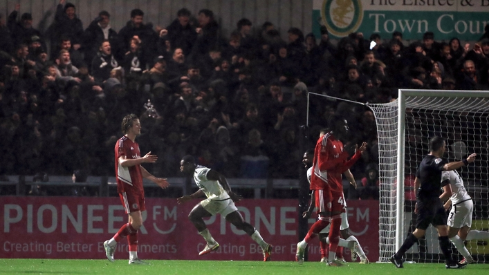 Lee Ndlovu celebrates scoring Boreham Wood’s equaliser (Bradley Collyer/PA)