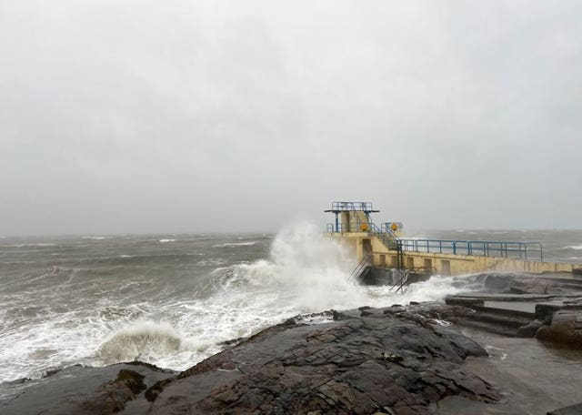 A pier in Salthill, Ireland, as Storm Brendan sweeps across Ireland and the UK with winds gusting up to 80mph (@GalwayWalks/Twitter)