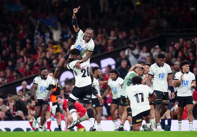 Fiji’s Jiuta Wainiqolo celebrates their side’s win after the Autumn international match at Principality Stadium