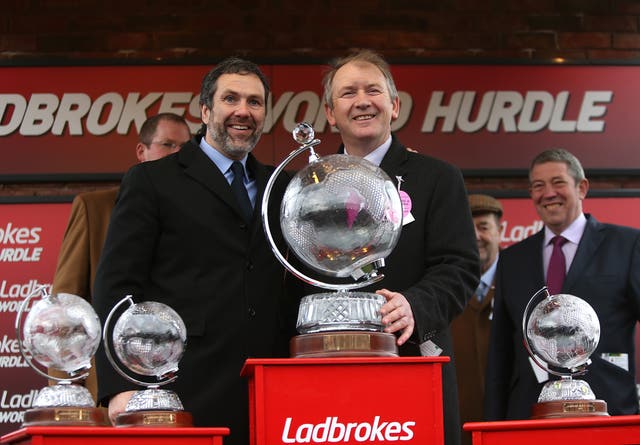 Trainer Charles Byrnes (right) after winning the Stayers' Hurdle with Solwhit