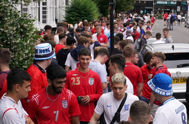 England fans queuing outside the The Faltering Fullback pub in Finsbury Park, London