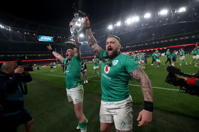 Ireland's Andrew Porter and Calvin Nash celebrate retaining the the Guinness Six Nations following a narrow win over Scotland at the Aviva Stadium