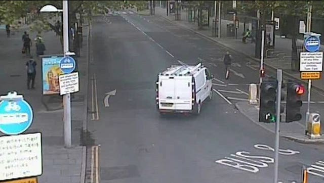 Screen grab taken from CCTV of Valdo Calocane driving the white van, stolen from Ian Coates, into Wayne Birkett as he walked across Milton Street 