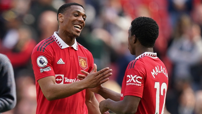 Manchester United’s Anthony Martial and Tyrell Malacia at full time after the win at Old Trafford
