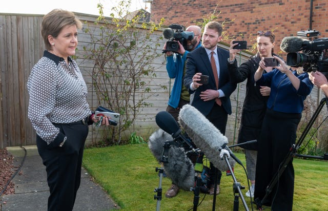 Former Scotland first minister Nicola Sturgeon speaks to the media outside her home near Glasgow