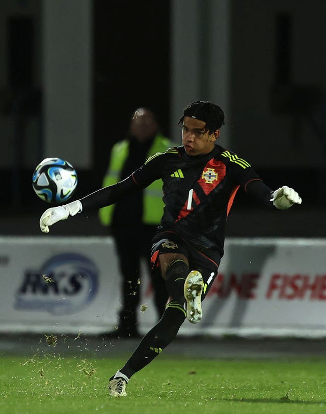 Northern Ireland goalkeeper Pierce Charles during the UEFA Euro U21 Championship qualifying Group F match at the Ballymena Showgrounds