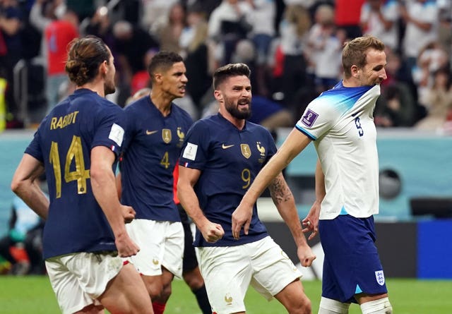 England captain Harry Kane, right, missed a late penalty as France progressed to the World Cup semi-finals
