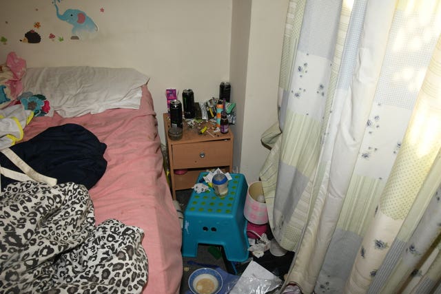 The family home was found to be cluttered and dirty, with gone off milk found in the bedroom with signs of cannabis use (Derbyshire Police/PA)