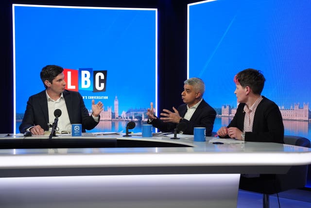 Sadiq Khan and Zoe Garbett during the LBC London Mayoral Debate, hosted by Tom Swarbrick