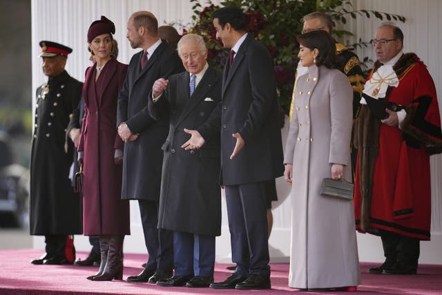 The Prince and Princess of Wales, the King, the Emir of Qatar Sheikh Tamim bin Hamad Al Thani and his wife Sheikha Jawaher during a ceremonial welcome at Horse Guards Parade 