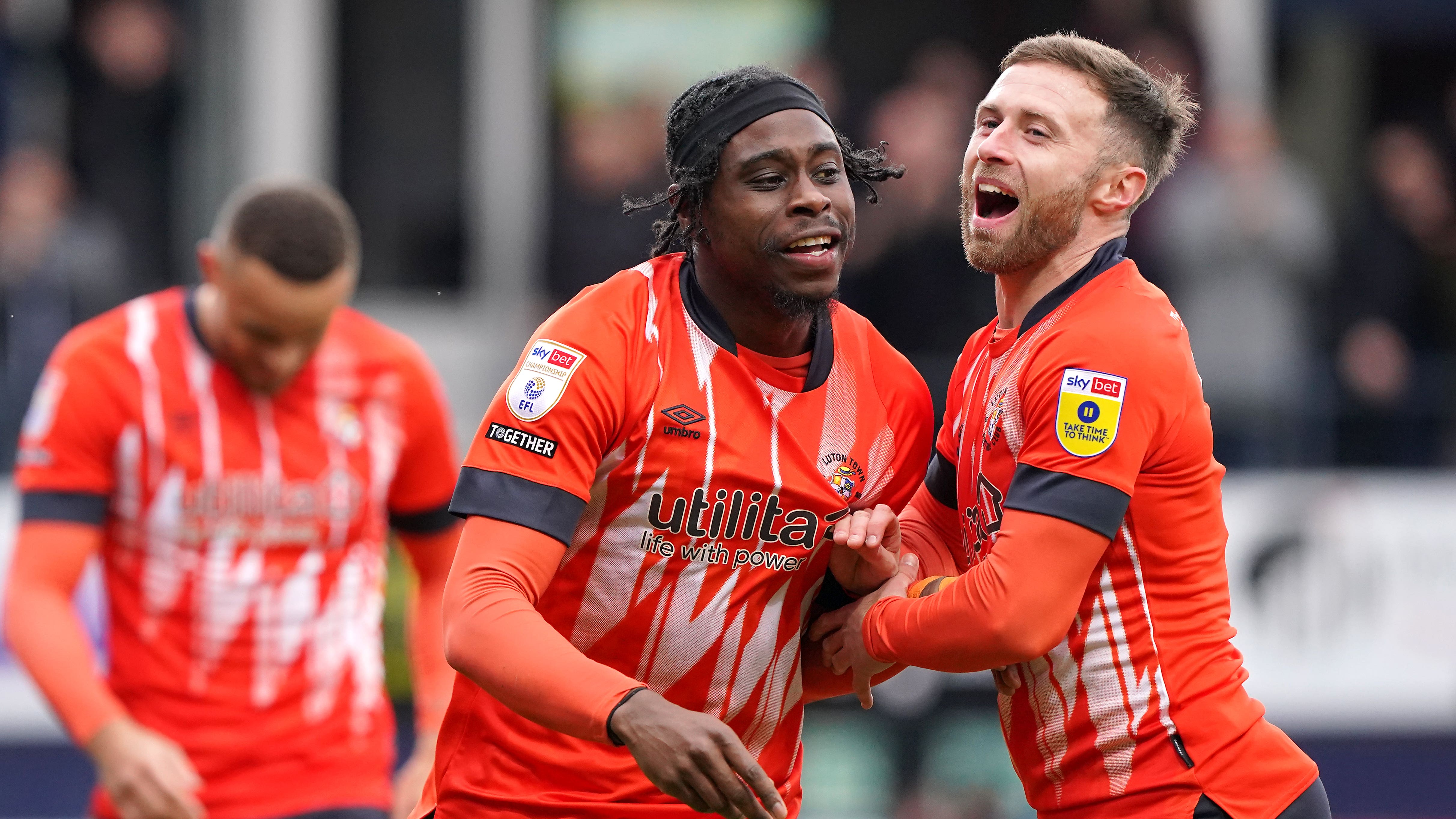 Luton’s Pelly-Ruddock Mpanzu (centre) celebrates (Jonathan Brady/PA).